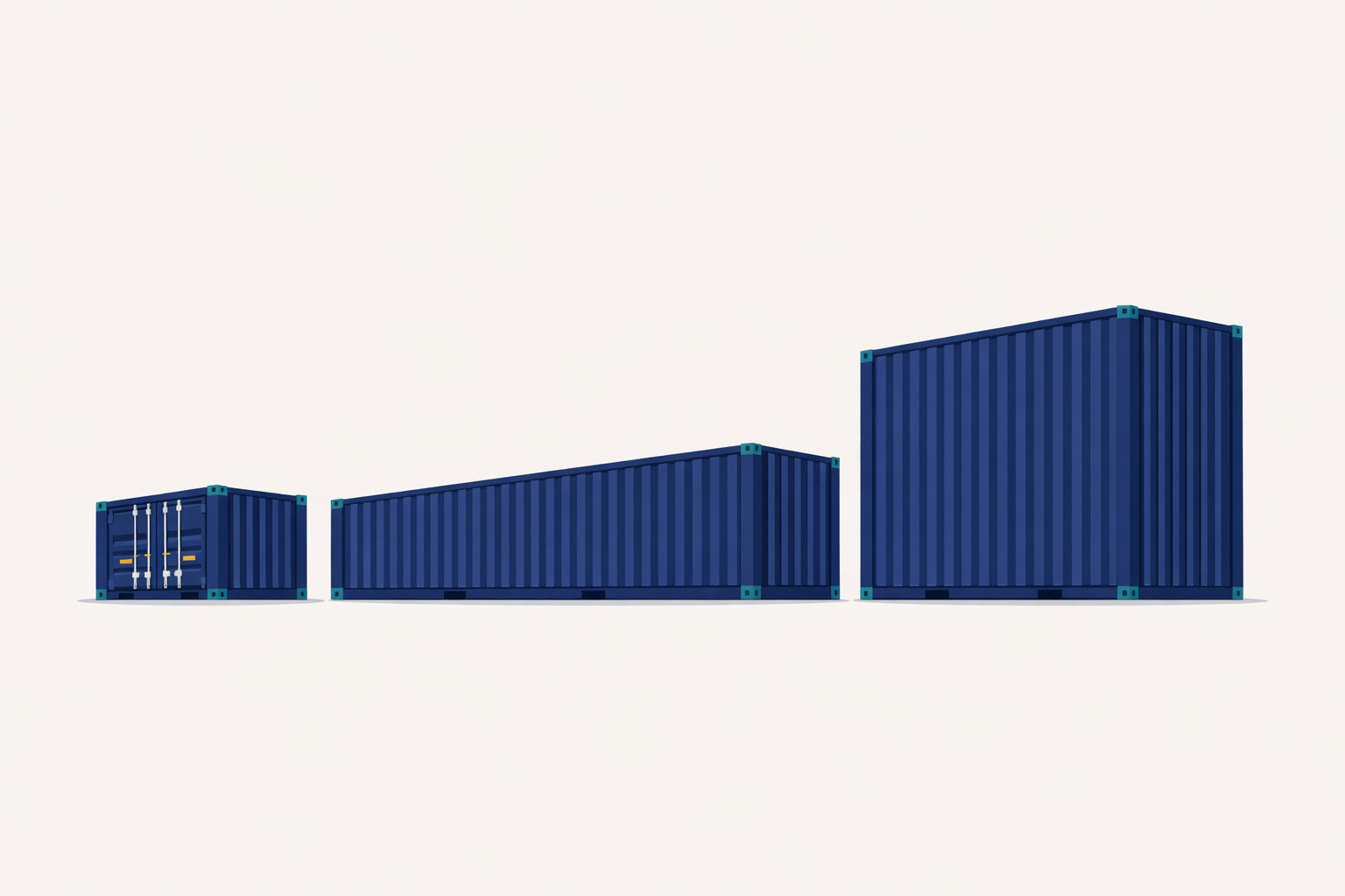 Size comparison diagram of 20ft, 40ft, and 40ft high cube containers
