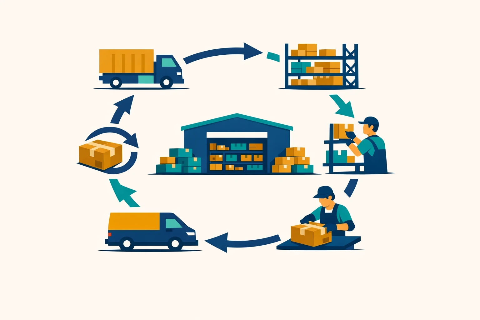 Six-step fulfillment process diagram, from inbound to returns