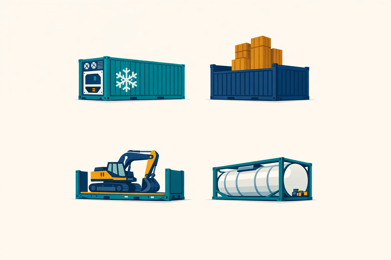 Diagram of reefer, open top, flat rack, and tank special containers