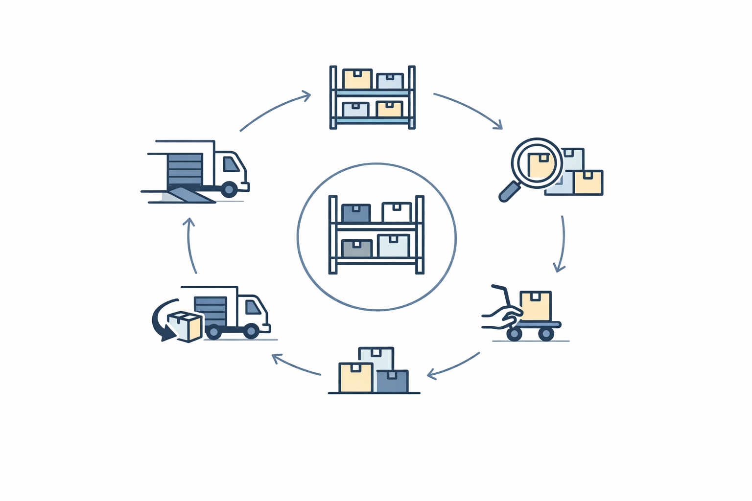 Diagram of the core warehouse areas a WMS manages
